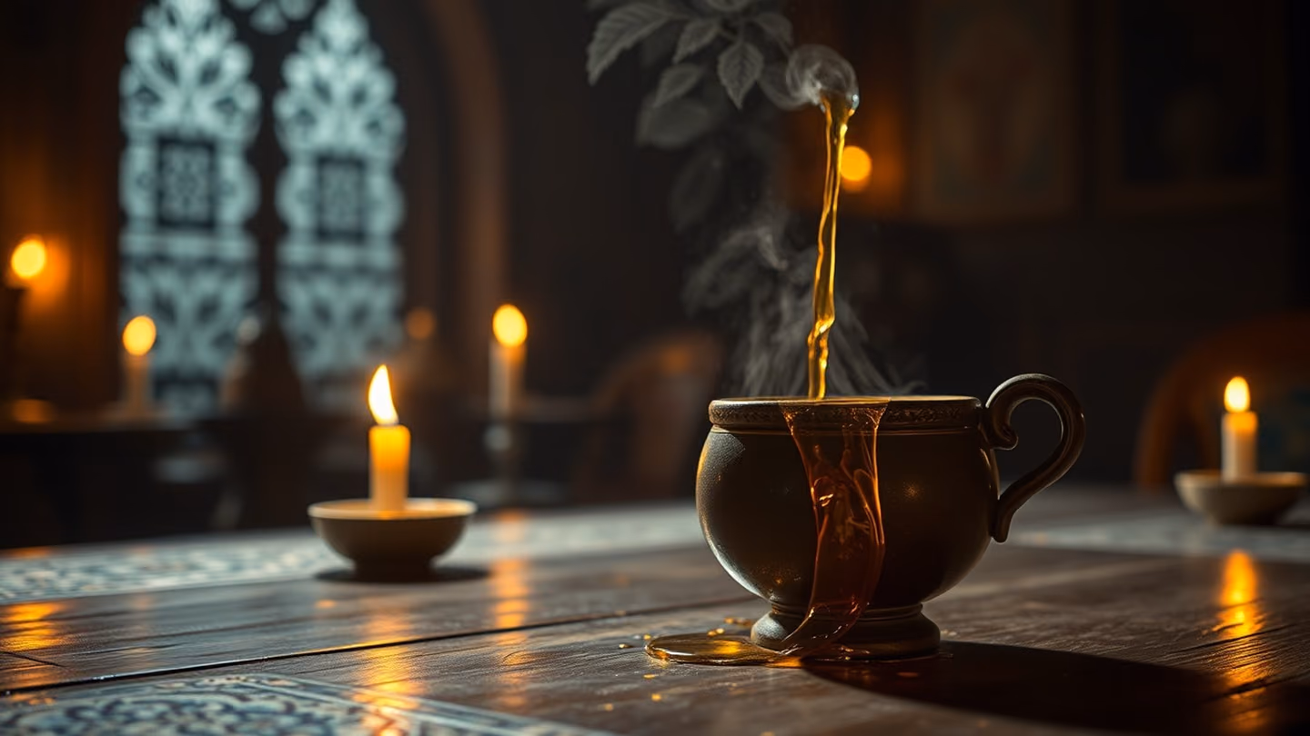 An antique clay wine cup overflowing on a dark wooden table inside a dimly lit traditional teahouse, golden wine shimmering like amber in the candlelight.