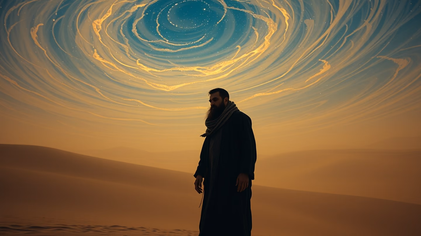 A melancholy dervish figure standing in a desert landscape under a vast celestial sky, swirling dust patterns reflecting the rhythm of the wind.