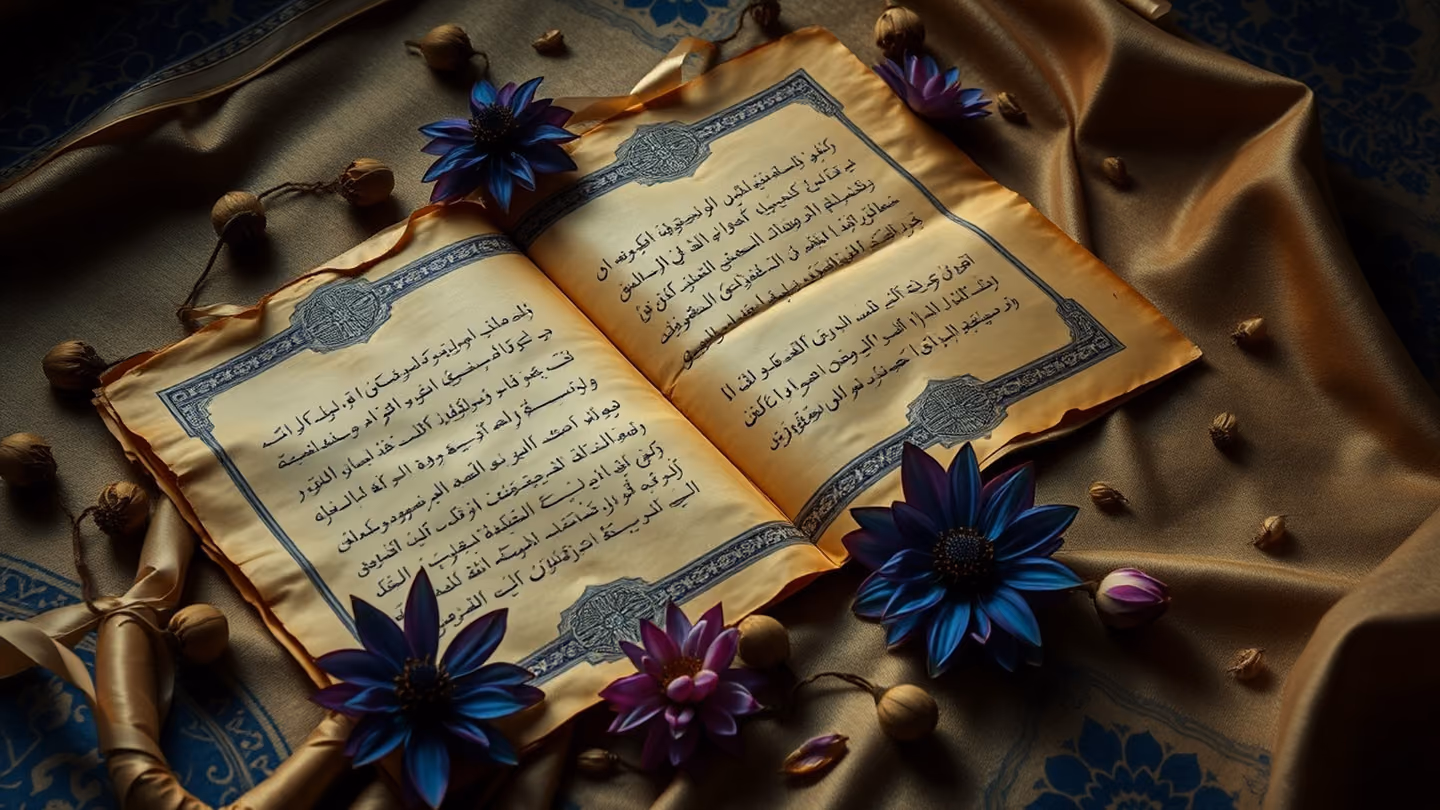 A scattering of old, yellowed parchment pages with blank spaces where calligraphy should be, sitting on a silk cloth surrounded by dried lotus flowers.