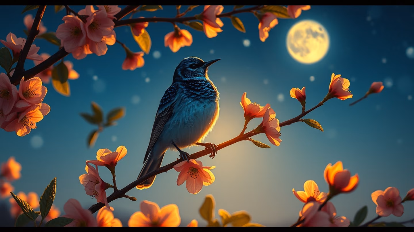 A nightingale perched on a branch of a flowering plum tree, moonlight catching the iridescent feathers, soft focus on the starry sky behind.
