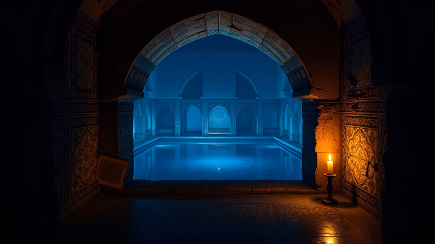 The interior of a ruined stone archway overlooking a tranquil reflecting pool, deep blue night palette, a single candle burning on the floor reflecting in the water.