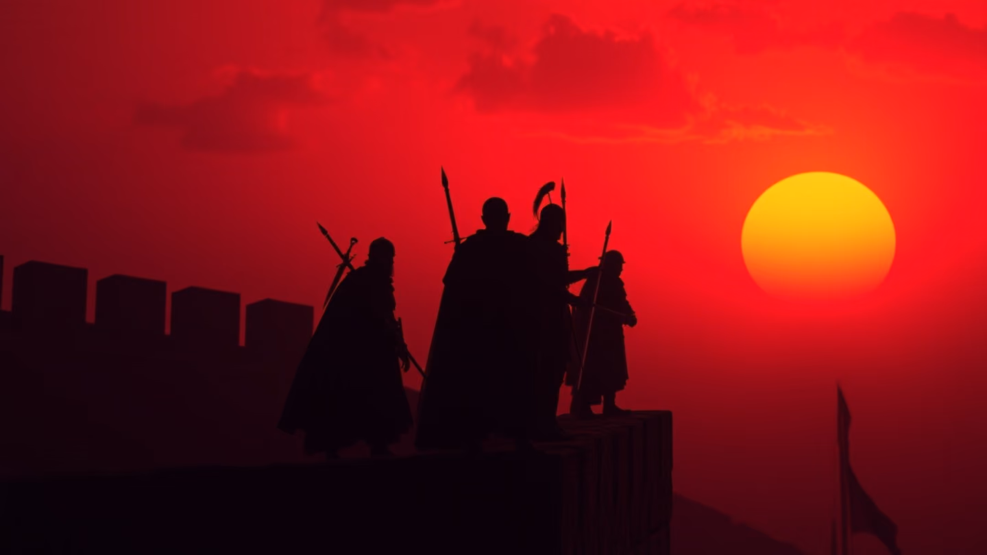 A silhouette of ancient warriors standing on a high fortress wall against a blood-red sunset, ornate swords catching the dying light.