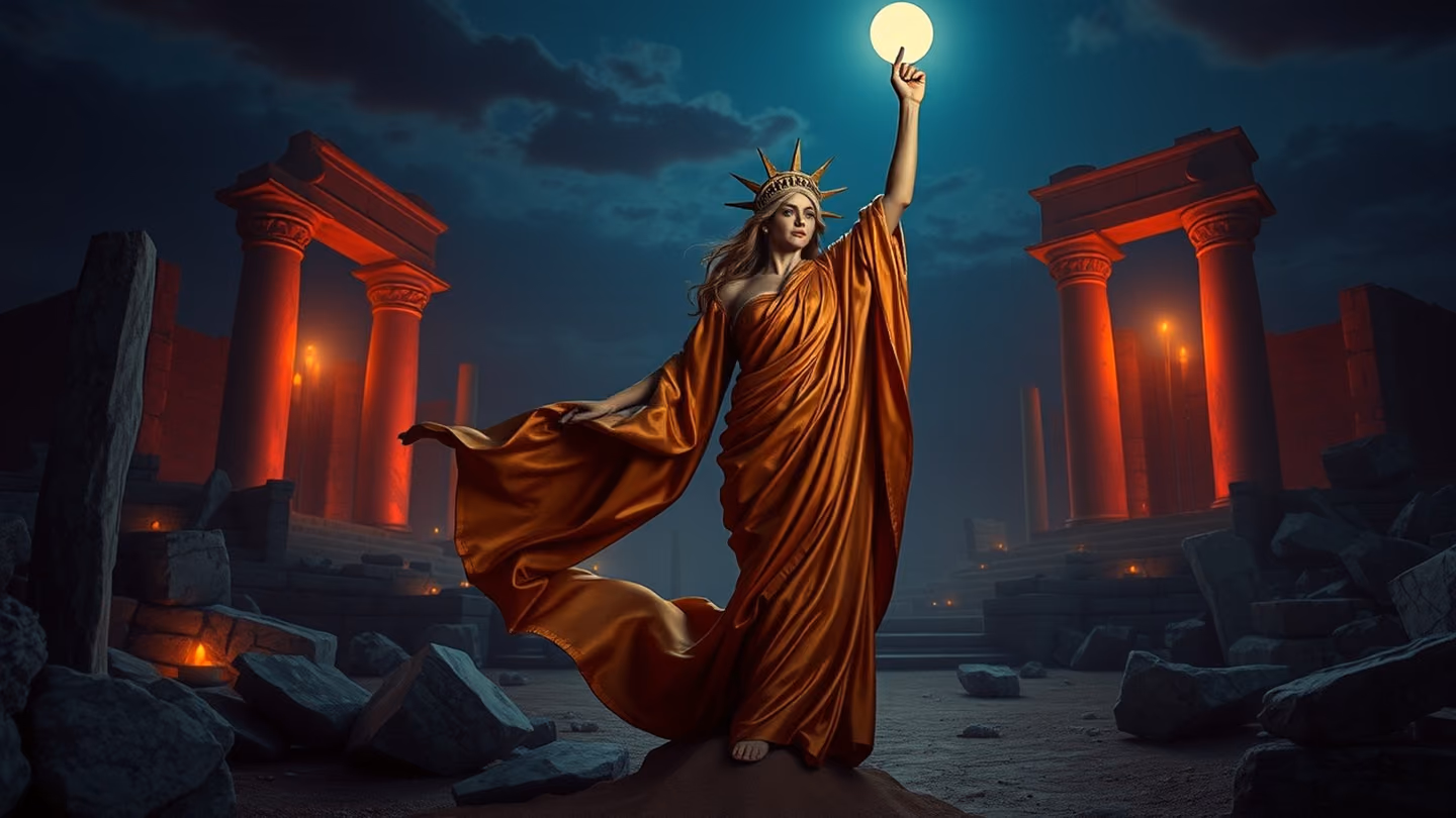 A majestic personification of Liberty as an ethereal figure in flowing silk robes, standing amidst marble ruins in a desert, moonlight highlighting her crown.