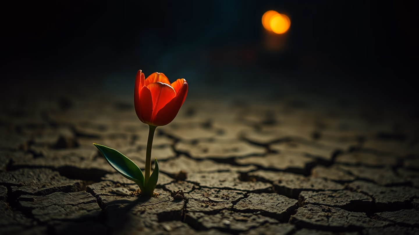 A single, vibrant red tulip growing through cracked, dry desert earth, macro shot, shallow depth of field, sharp detail.