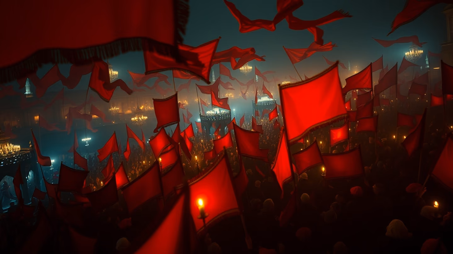 A sea of red banners carried by a crowd of revolutionaries, seen from a high vantage point, rich fabric textures, dramatic shadows, epic scale.