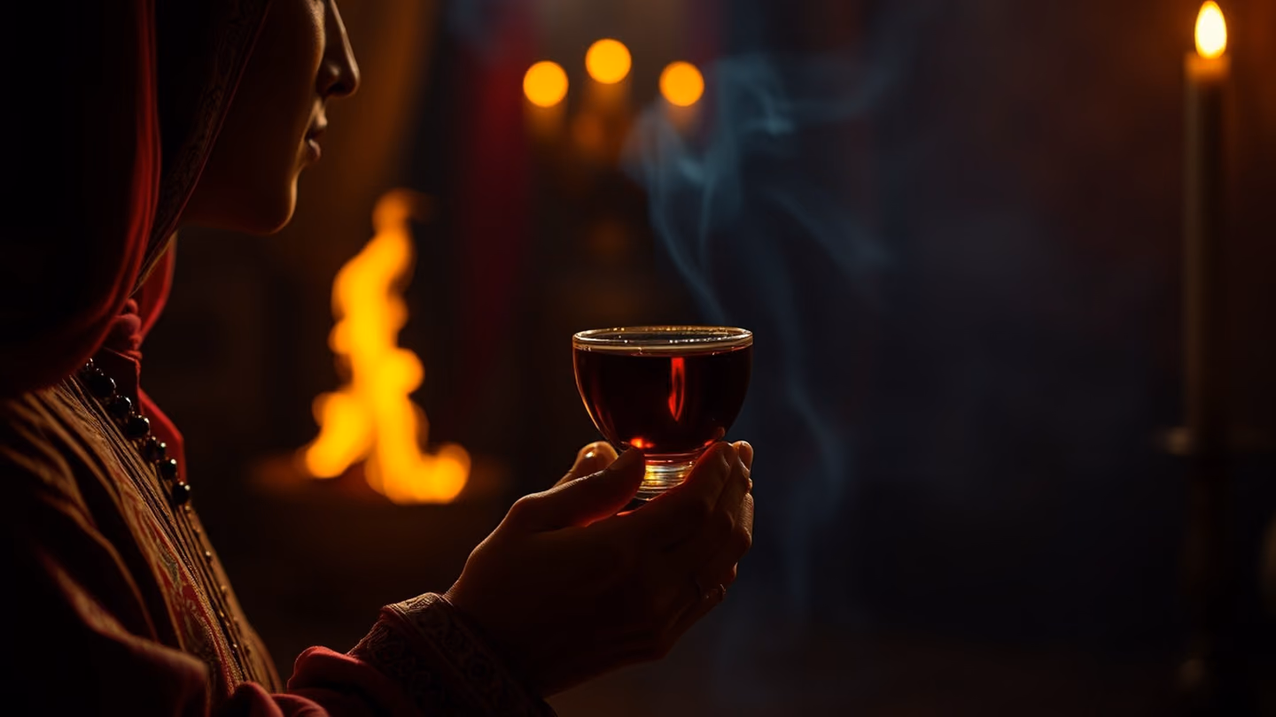 A stylized depiction of a lover offering a golden cup of wine, reflecting a burning fire in the background, intimate and poetic lighting.
