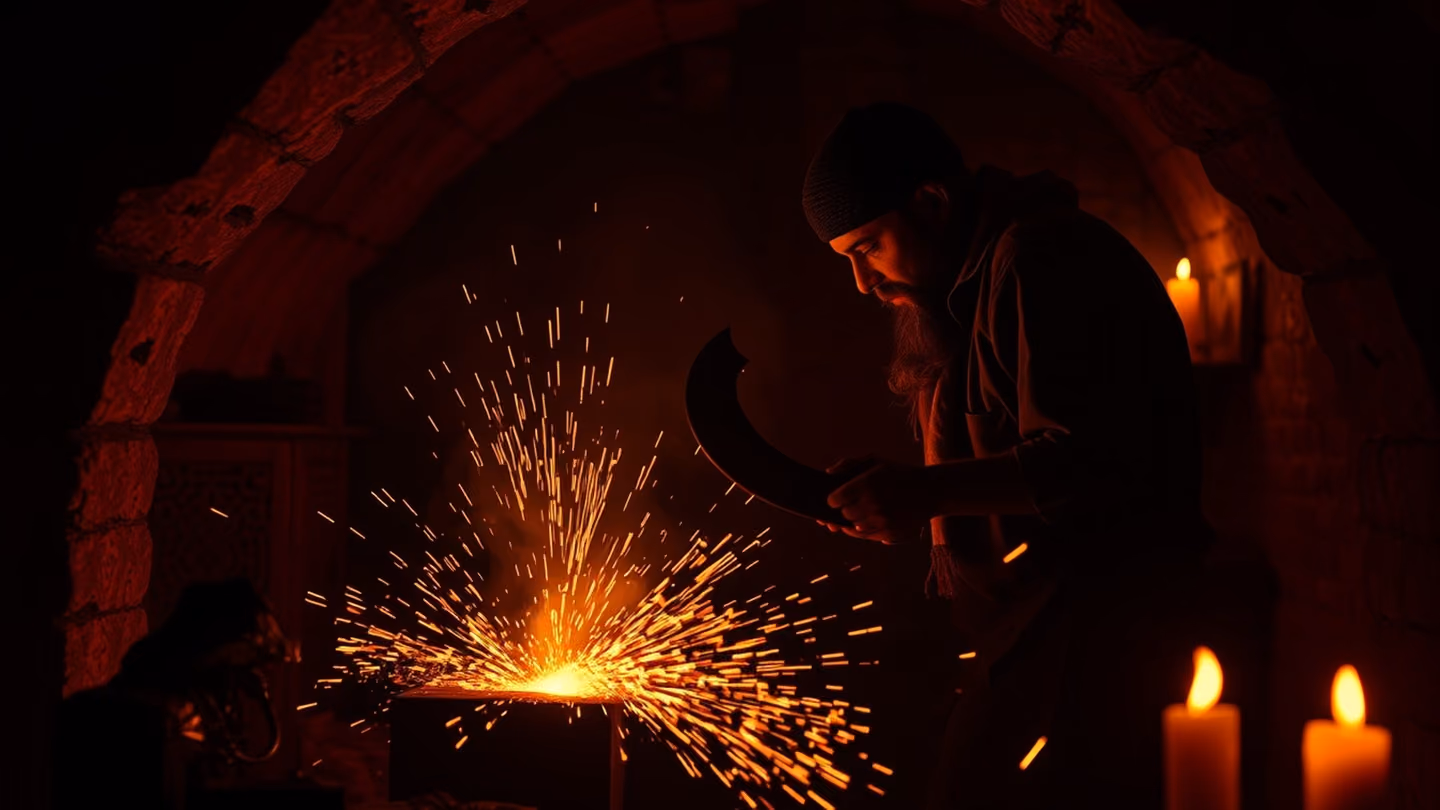 A blacksmith forging a curved blade in a dark, cave-like workshop, sparks flying like embers, intense orange glow, heavy atmosphere.