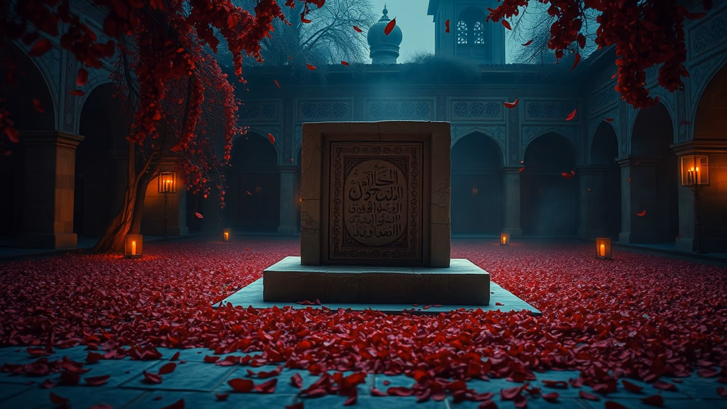 A weathered stone monument in the center of an ancient garden, inscribed with abstract patterns, surrounded by falling crimson petals.