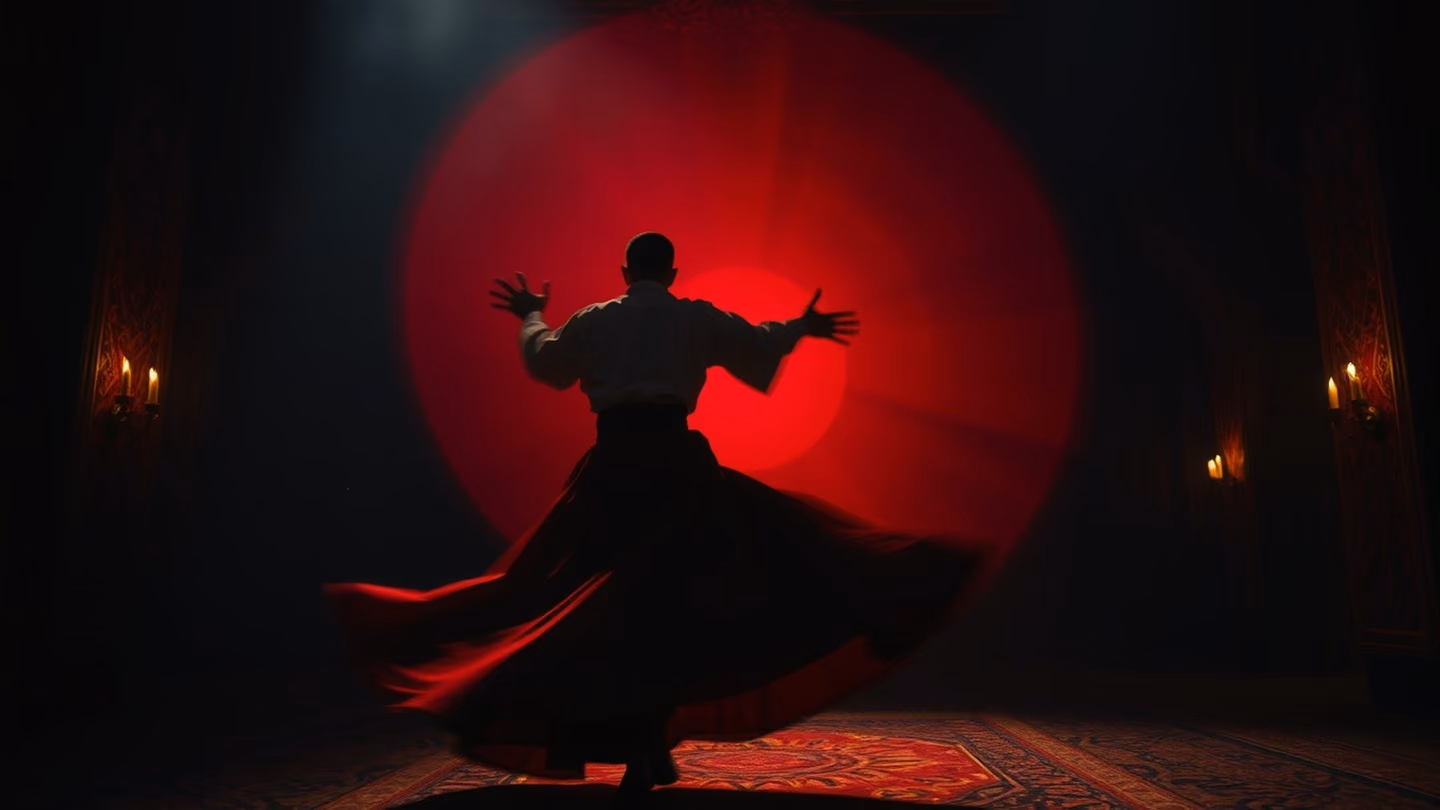 A dervish spinning in a dark, candlelit hall, robes blurring into a circle of deep red, spiritual and intense, high contrast.