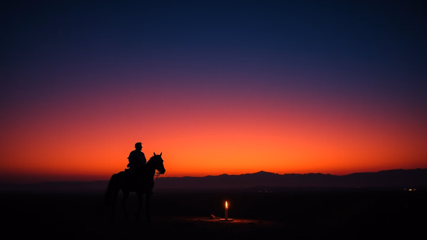 The vast, infinite horizon of the Persian plateau at twilight, a lonely rider on horseback silhouetted against a deep indigo sky, epic scale.