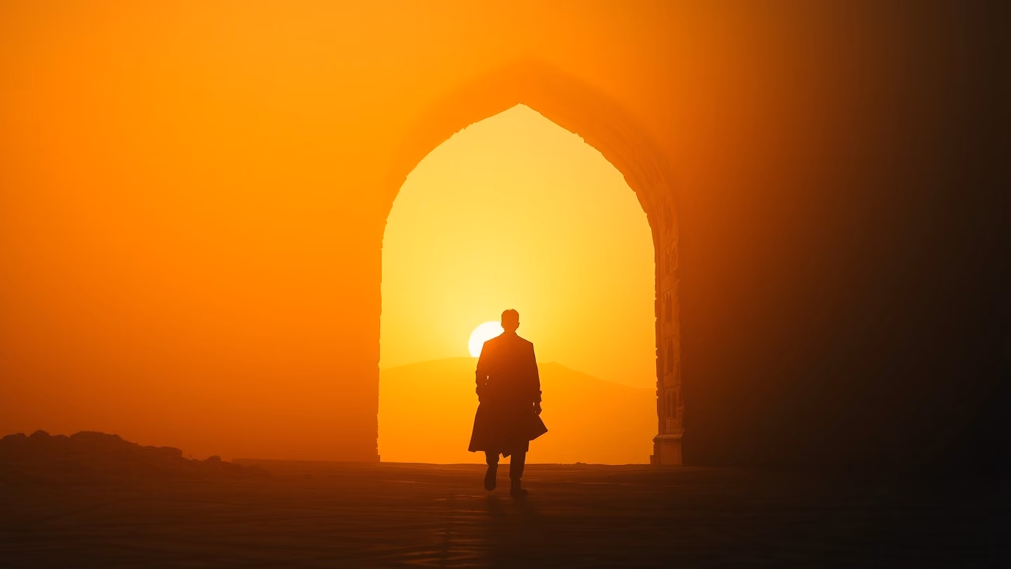 A lone silhouette of a traveler standing at the threshold of a crumbling, ancient sandstone archway, looking toward a golden horizon at dawn, wide landscape shot.