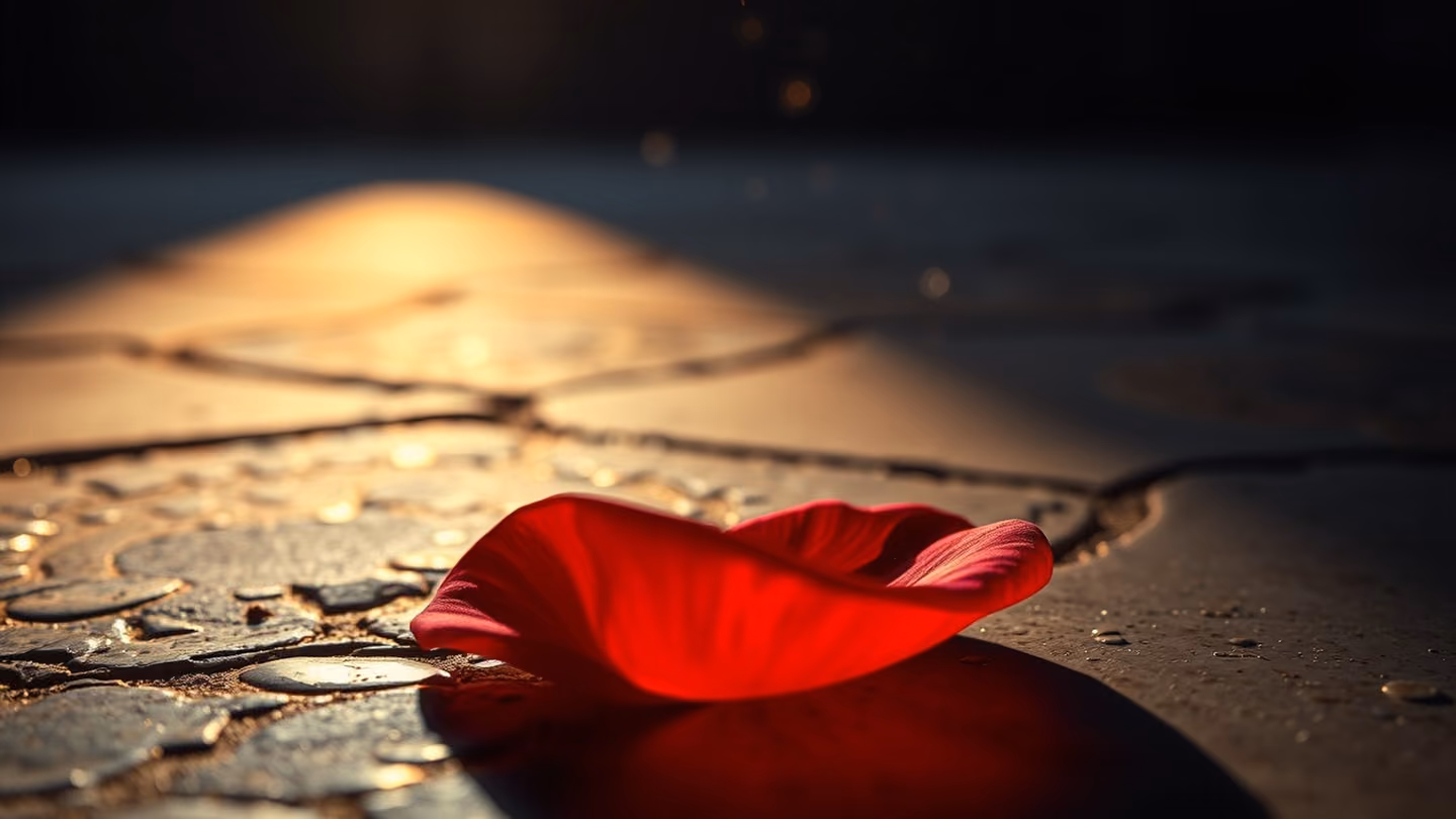 A close-up of a single, vibrant red rose petal resting on a weathered stone floor, illuminated by a sliver of soft moonlight, dust motes dancing in the air.