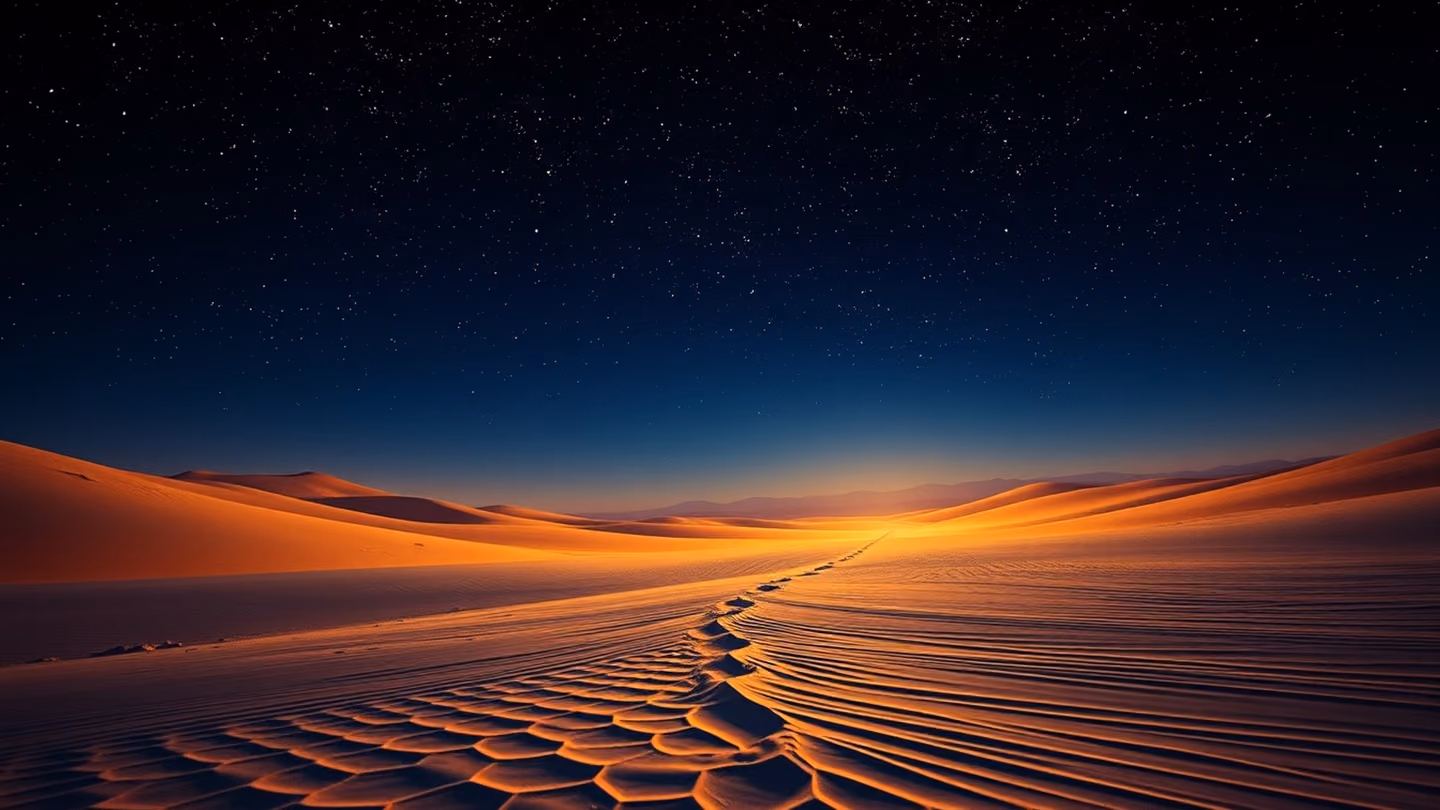 A wind-swept, desolate desert landscape under a vast starry sky, with a single faint path winding into the distance, deep indigo and midnight blue tones.