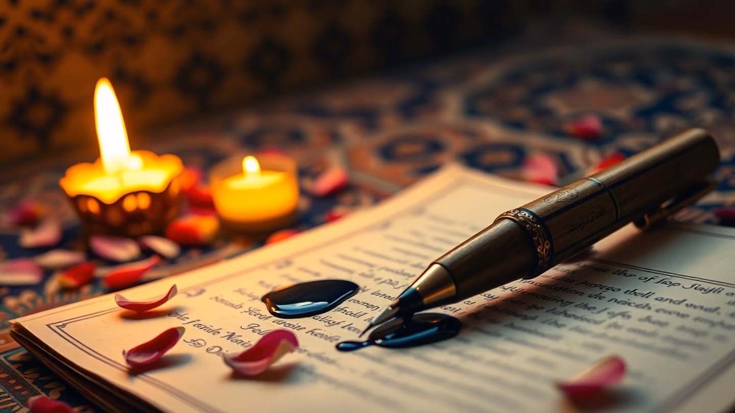 A wooden reed pen dripping with ink, resting on an open, centuries-old parchment manuscript, surrounded by scattered jasmine petals and warm candlelight.