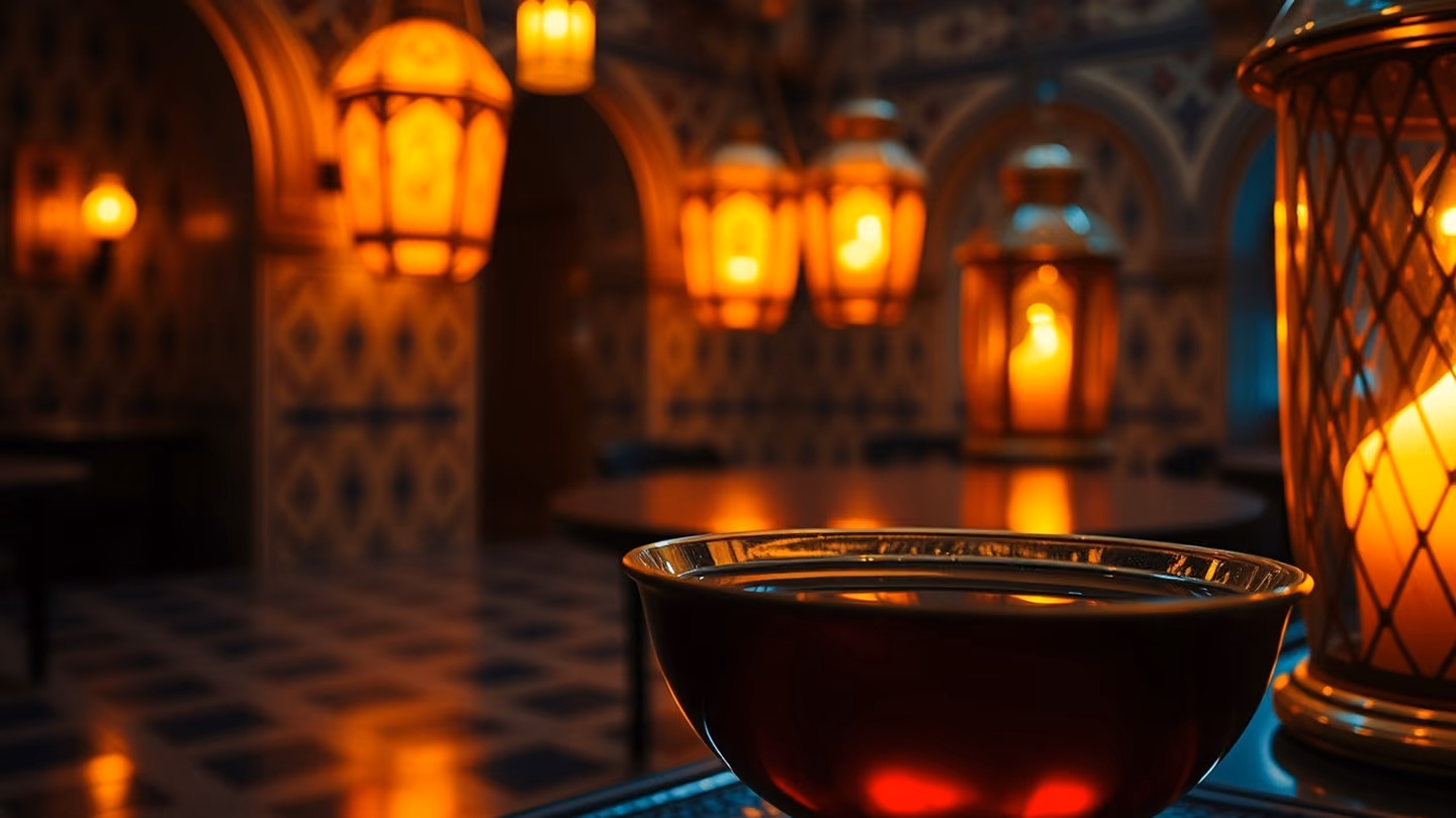 A glimpse into a dimly lit, tiled tavern interior with glowing amber lanterns, reflecting in a silver bowl of red wine, bokeh texture in the background.
