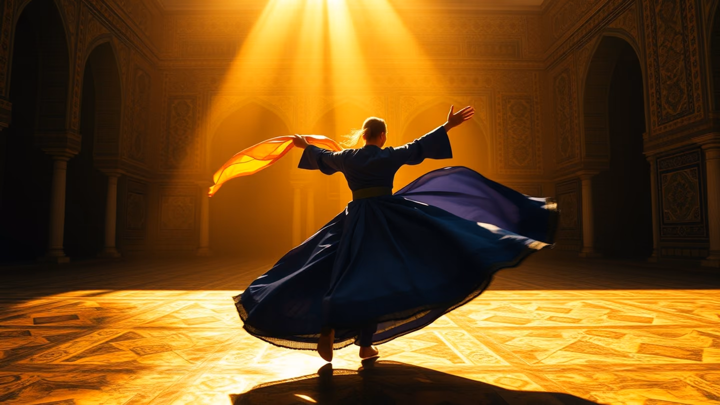 A dervish-like figure in flowing robes spinning in a sun-drenched courtyard of a tiled palace, golden light catching the swirling fabric.