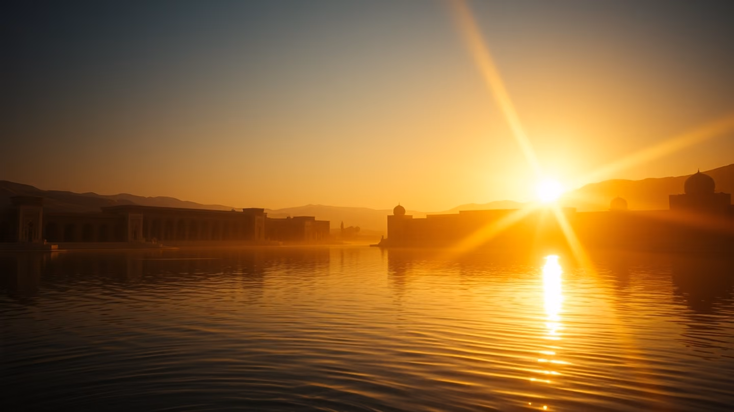 A vast, shimmering desert oasis at high noon, with light refracting off the water like liquid gold, lens flare creating an ethereal glow.