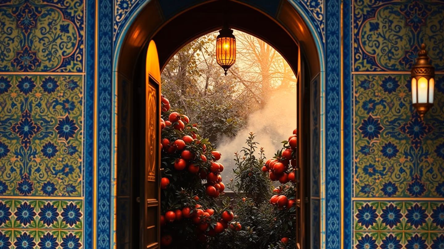 An ornate, arched doorway leading into a garden of blooming pomegranates, the scene framed by intricate blue and turquoise ceramic tile mosaics.