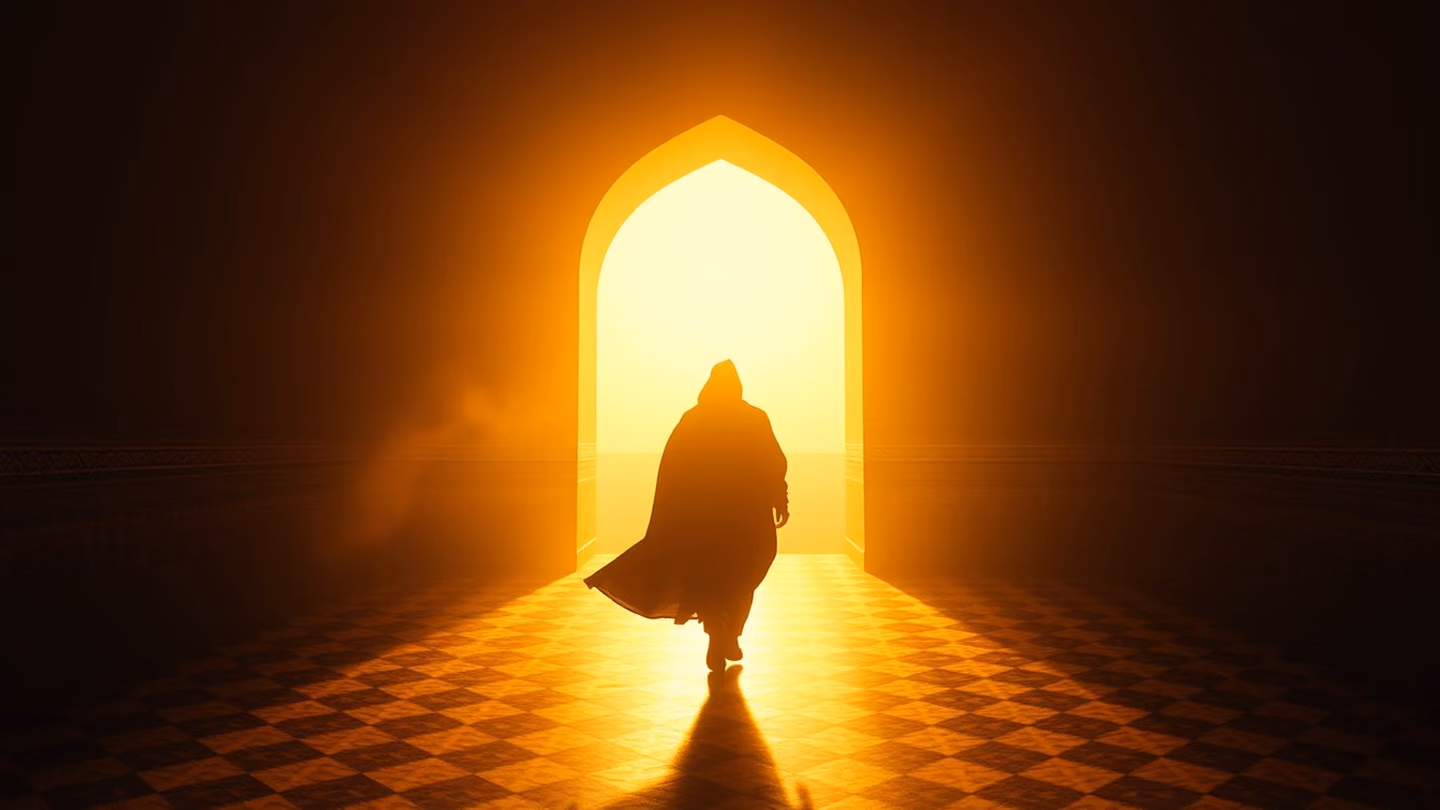 A figure walking away into a horizon of brilliant, blinding sunlight, their cloak trailing behind them like smoke, ethereal and dreamlike.