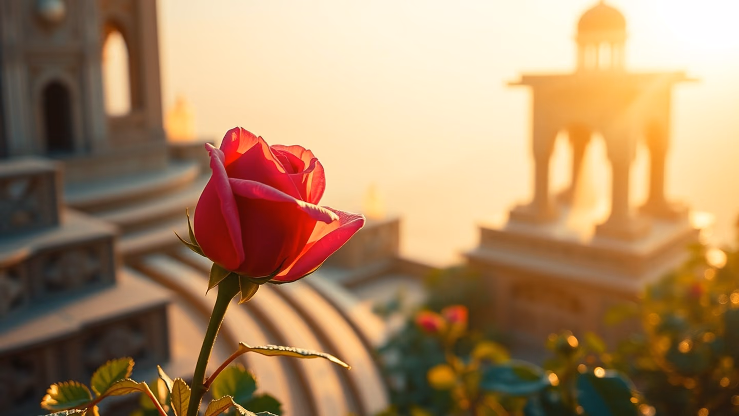 A single vibrant rosebud unfolding in a sun-drenched terraced palace garden, soft morning dew, intricate stone carving background, golden hour light.