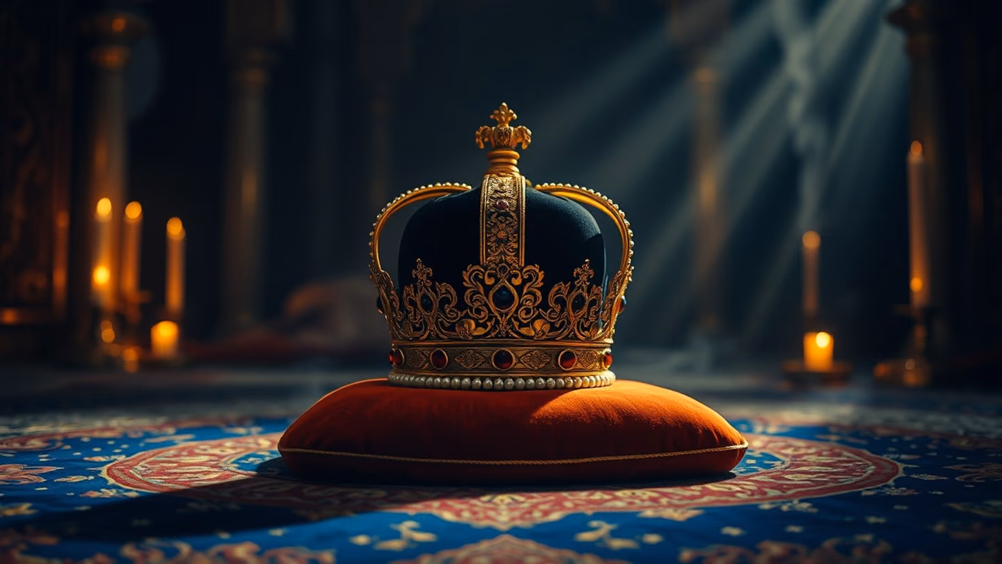 A royal crown resting on a velvet cushion inside a dim, incense-filled chamber, shafts of light highlighting gold filigree and pearls, ornate Persian rug texture.