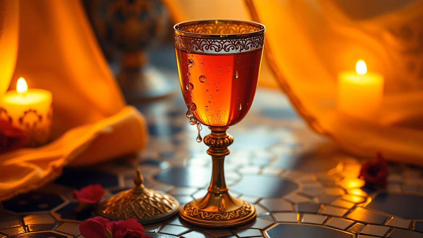 A golden goblet filled with glowing amber wine, droplets of rosewater cascading down the side, set on a mosaic tiled floor, soft candlelight reflection.