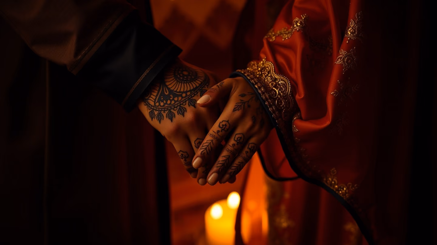 Two lovers' hands gently touching, intricate henna patterns, loose silk sleeves with gold embroidery, moody chiaroscuro lighting.