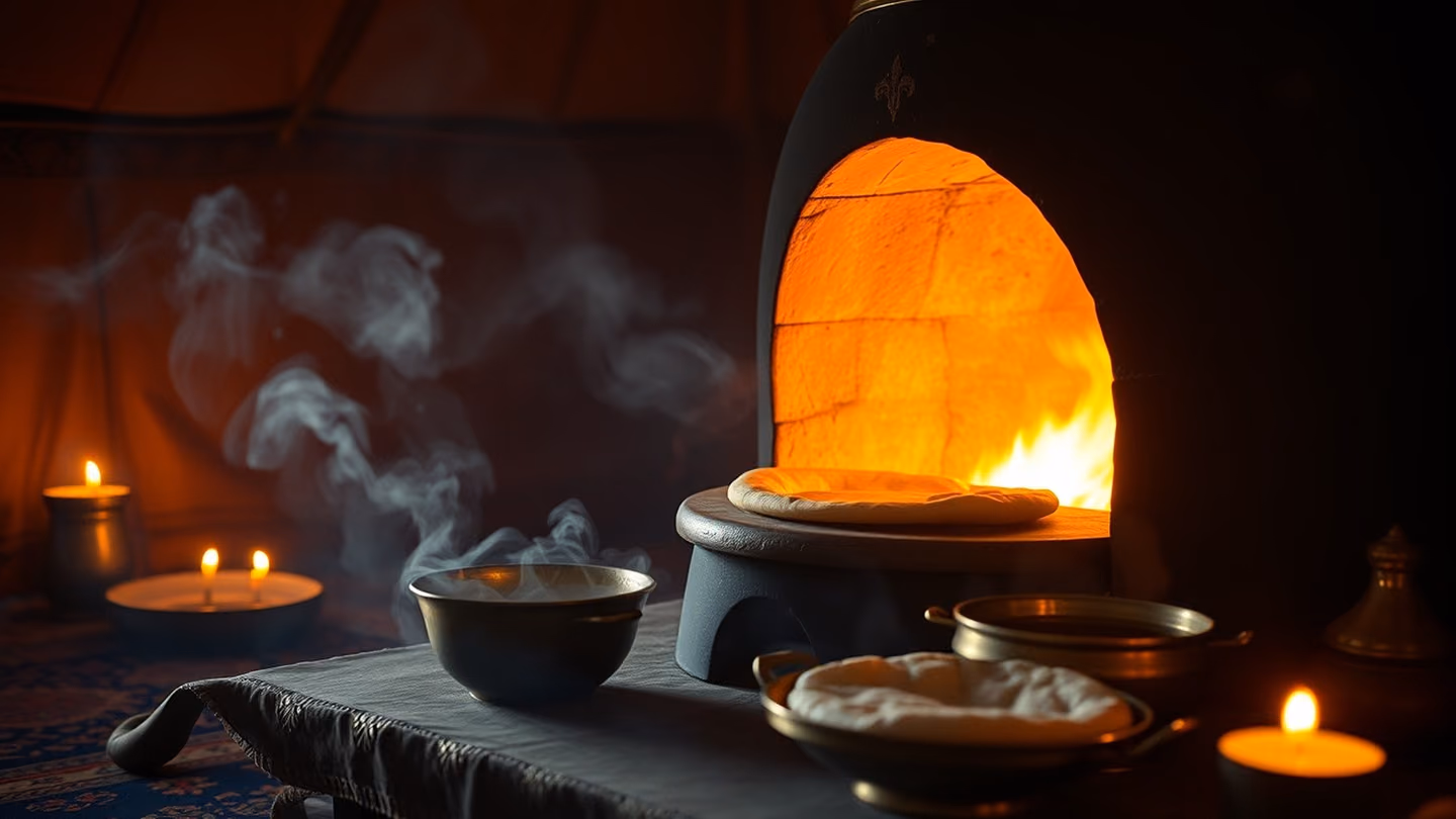 A hot clay oven in a nomadic tent setting, steam rising from fresh flatbread, warm orange glow reflecting on brass bowls, dust motes dancing in light.