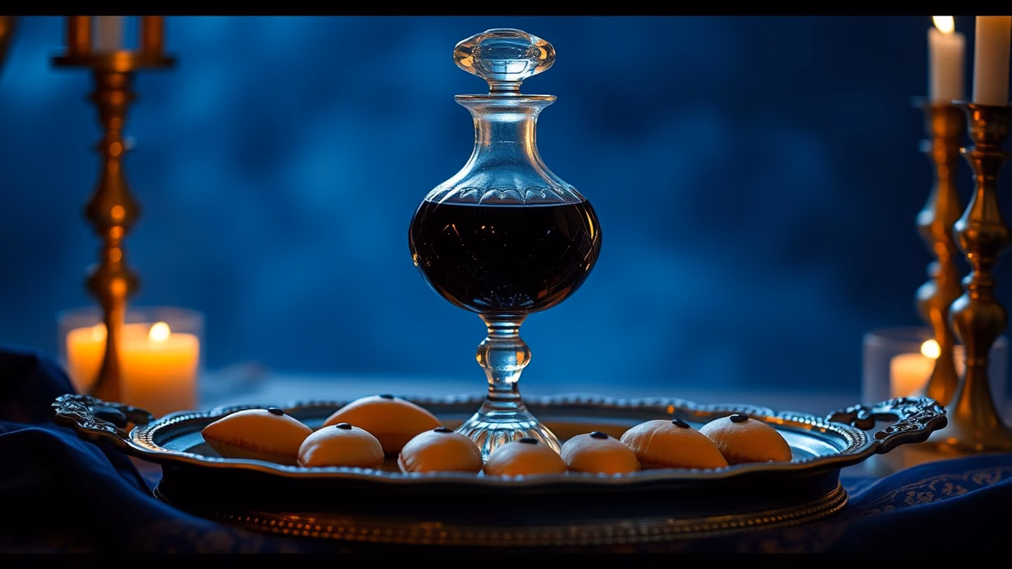 A silver tray holding a crystal decanter of dark wine and almond-shaped pastries, captured in a midnight blue twilight, soft focus.