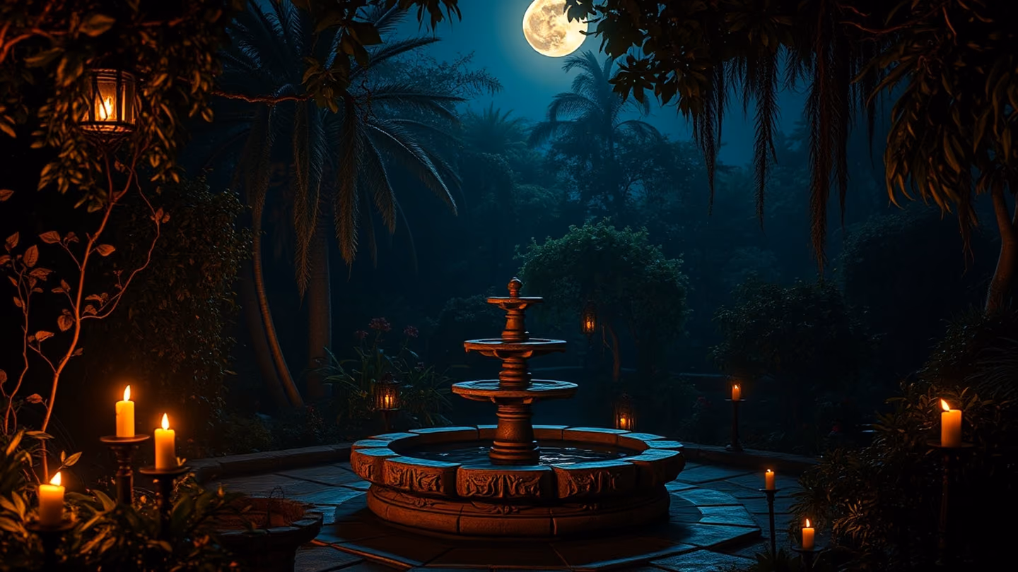 A lush, overgrown garden at night, moonlight illuminating a stone fountain reflecting the stars, dreamlike atmosphere, deep shadows.