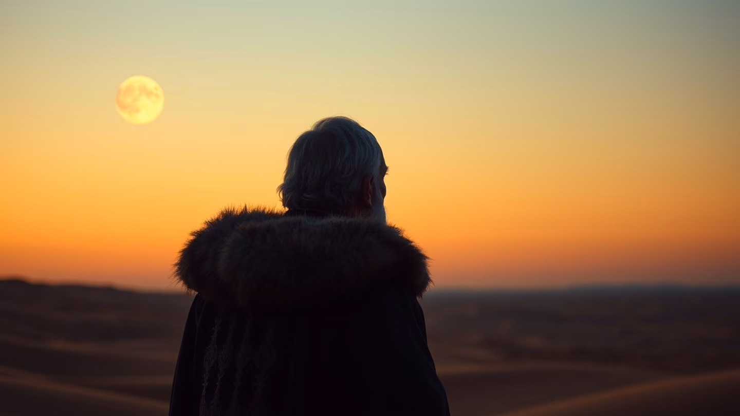 An elderly king looking at a waning moon hanging over a desert horizon, wearing a fur-lined royal robe, silhouette against a twilight sky.