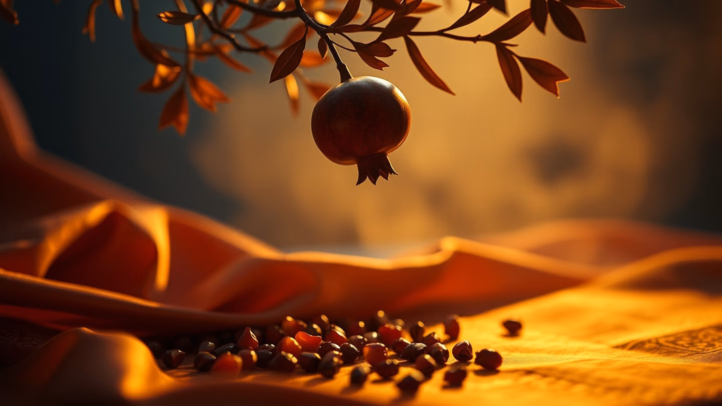 A single ripe pomegranate falling from a golden tree branch, scattering seeds across a silken cloth, cinematic macro shot, melancholic dusk lighting.