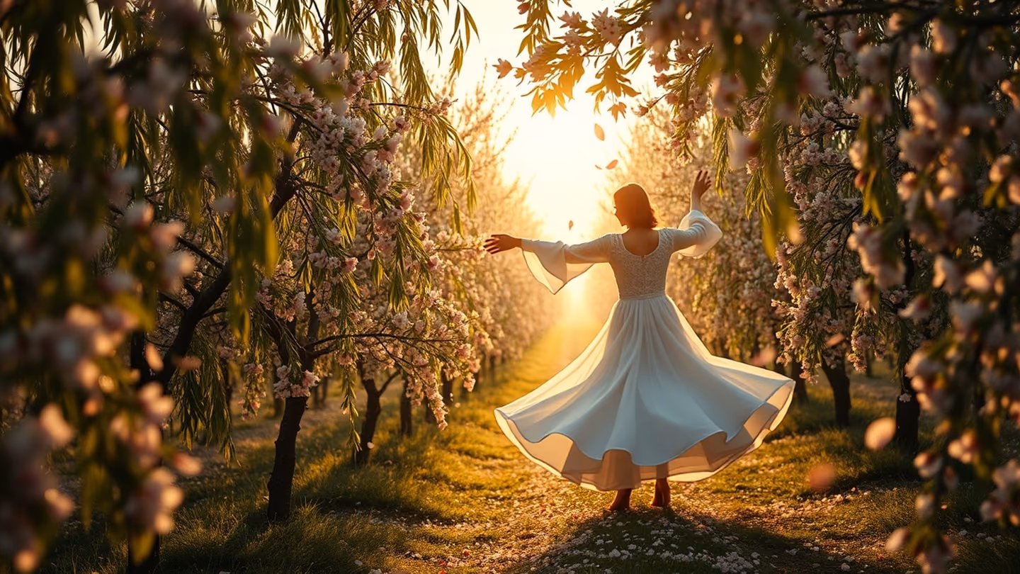 A blossoming spring orchard at golden dawn, fresh green willow and pink almond branches swaying as if dancing, a whirling dervish in flowing white robes spinning among falling petals, soft cinematic light, painterly P…