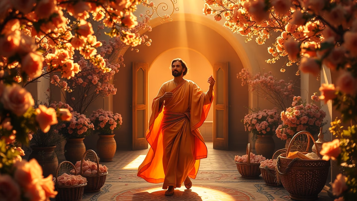 A radiant Joseph-like figure in silken saffron robes arriving through a sunlit blossom-arched courtyard, whirling dervishes circling him among blooming roses and drifting petals, baskets of crystalline sugar catching…
