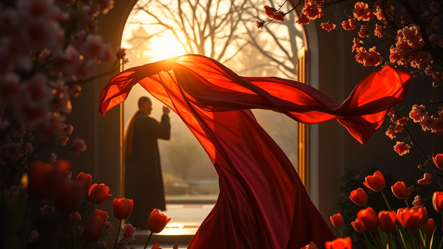 A mysterious robed figure holding shimmering blood-red silk, stepping from an arched garden portal into blossoming spring light, a whirling dervish spinning beside him among red tulips and petals, candle-warm glow mee…