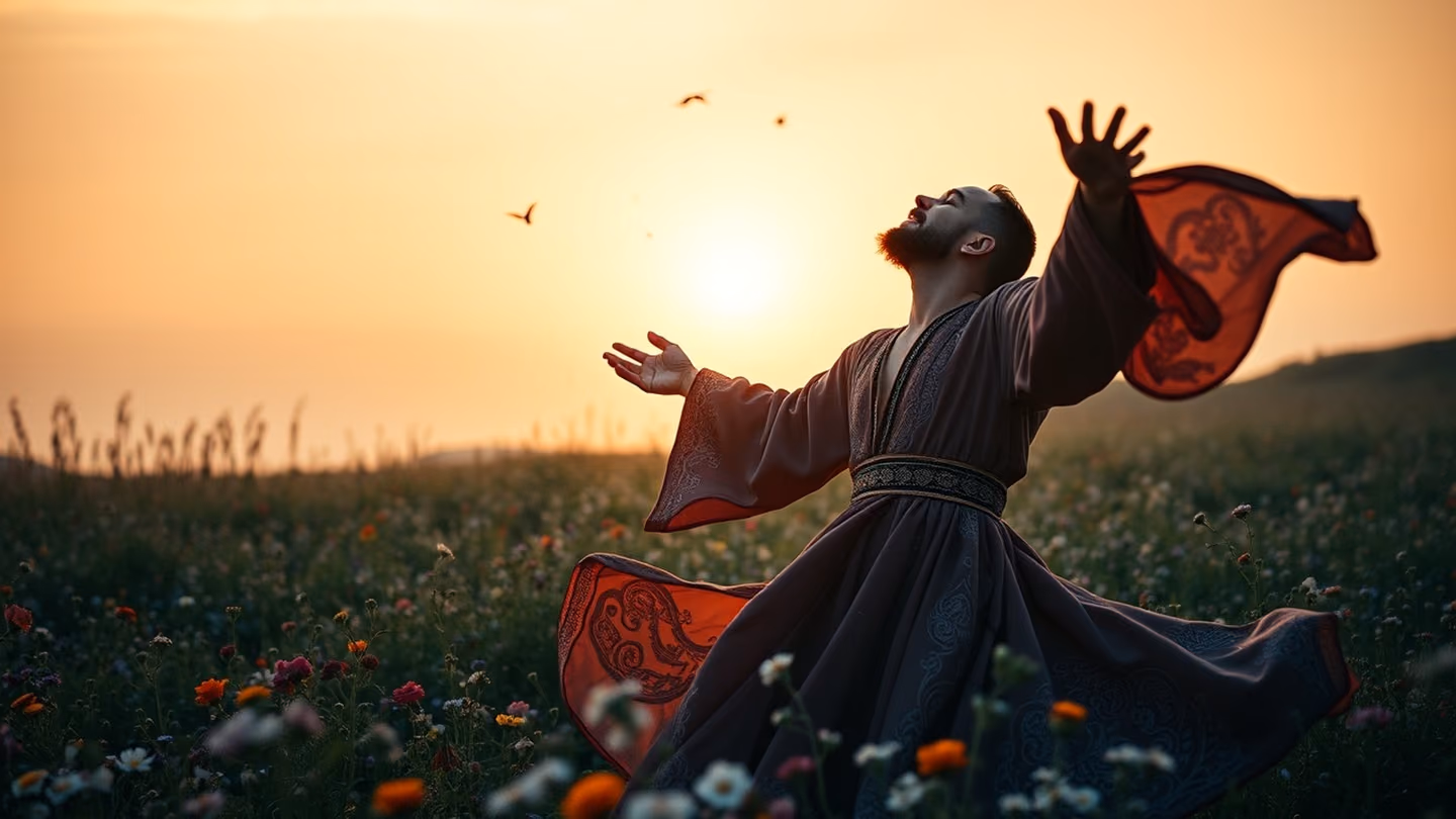 An ecstatic whirling dervish lost in sema, robes flaring like opening petals, eyes closed in divine intoxication, in a spring meadow of wildflowers under a luminous dawn sky, blossoms raining down.