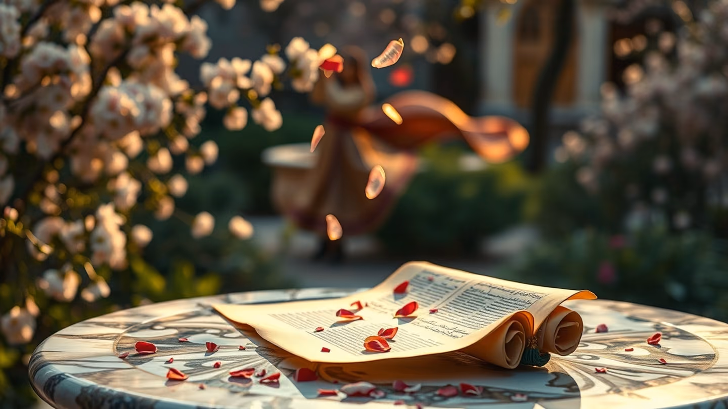 A delicate ancient parchment scroll resting on a marble fountain rim in a blossoming spring garden, petals falling onto it, a whirling dervish dancing softly in the blurred background, a divine message arriving, soft…