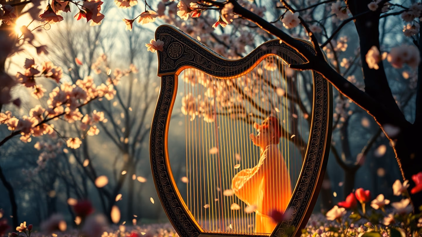 A golden Persian harp (chang) glowing in a spring clearing during gentle blossom-rain, strings vibrating, a whirling dervish dancing joyfully among the trees as petals fall, light breaking through the clouds, serene a…