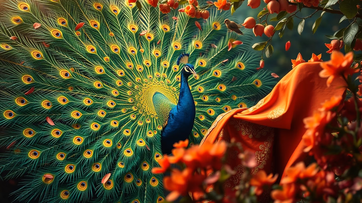 A radiant peacock spreading iridescent emerald-and-gold feathers in a blossoming pomegranate garden, a whirling dervish dancing beside it with robes echoing the peacock's colours, spring petals and birds of paradise s…