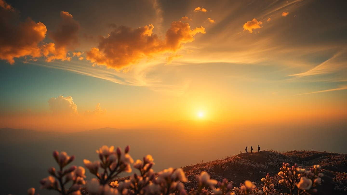 A vast serene mountain landscape near Tabriz at sunset, stylized classical Persian-painting clouds, almond and cherry blossoms in the foreground, distant whirling dervishes dancing on a blooming hillside, warm reveren…