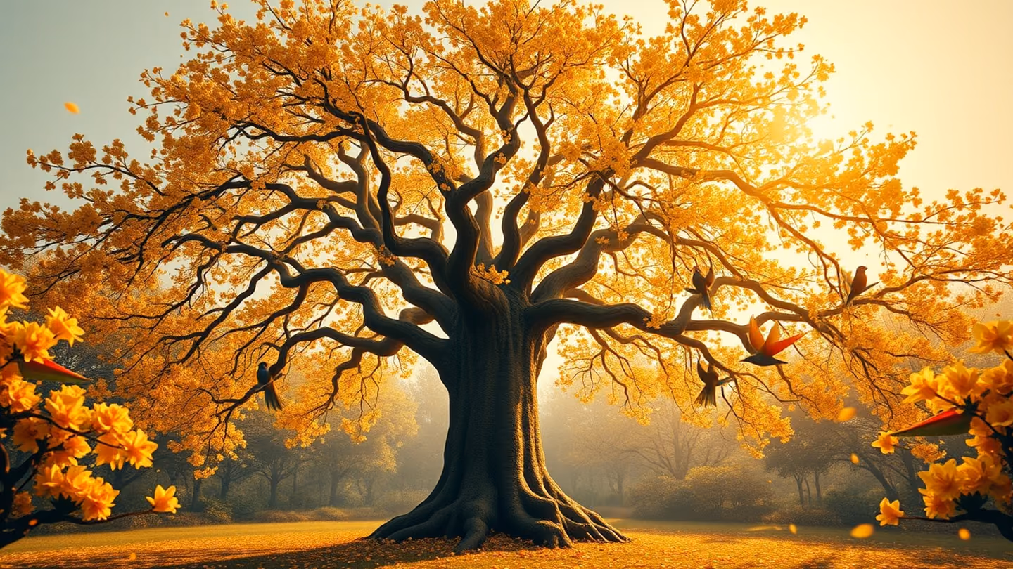 A central ornate tree in full golden spring blossom, vast symmetrical Persian-garden composition, branches swaying as if dancing, whirling dervishes circling its trunk, birds of paradise above, petals filling the air,…
