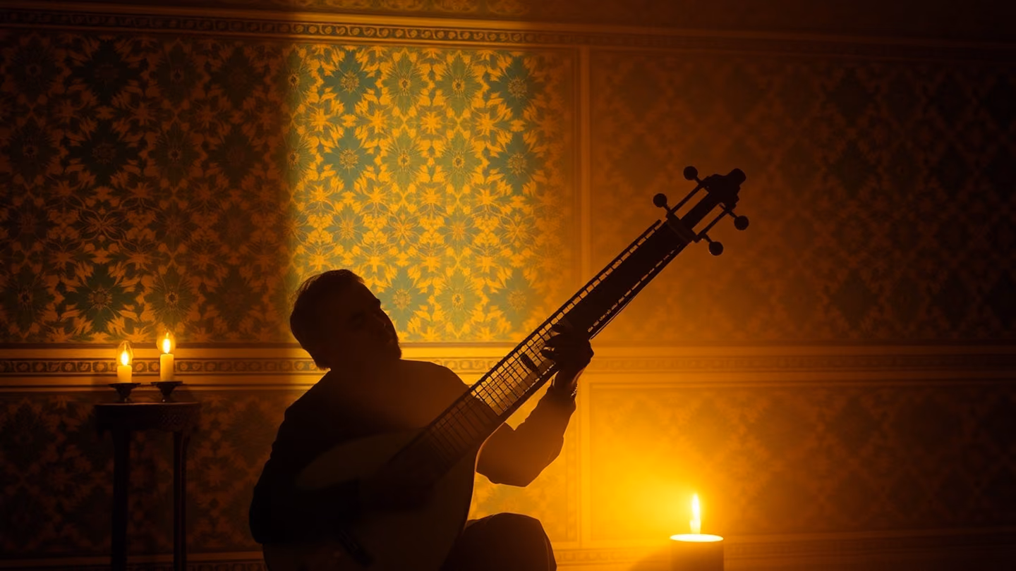 A silhouette of a musician playing a setar, long shadows cast against a wall of intricate turquoise and gold geometric tiles, hazy golden hour light.