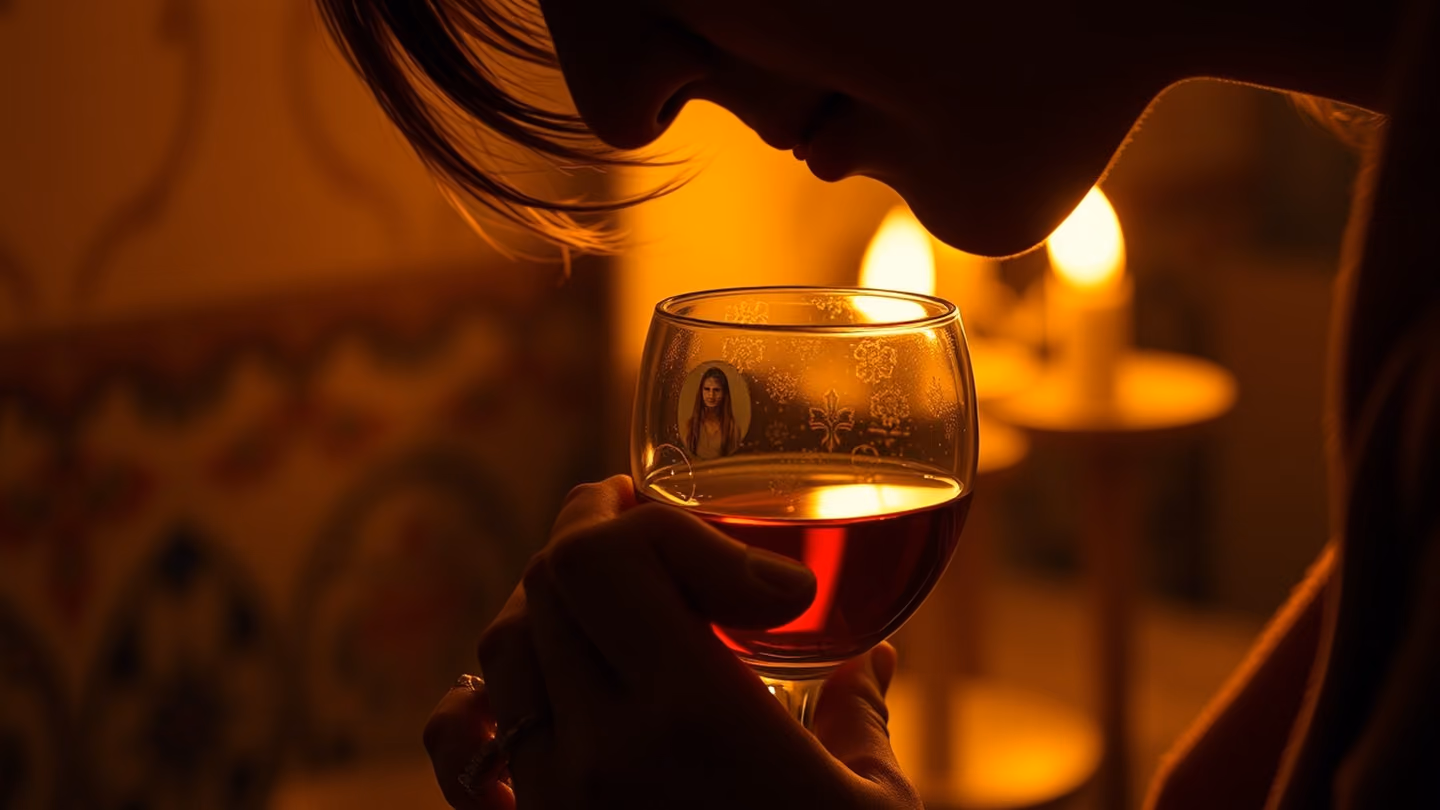 A person gazing into a wine cup, a faint ethereal reflection of a beloved's face visible in the liquid, soft focus, warm amber glow.