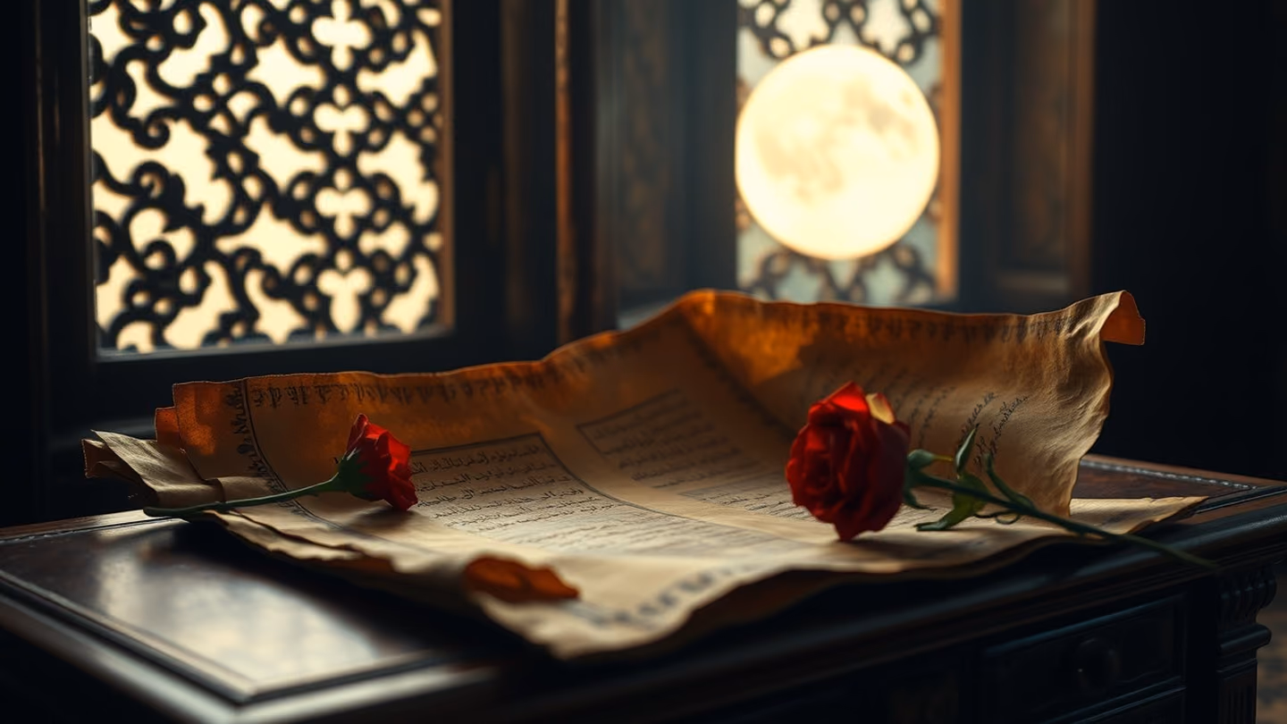 An ancient, weathered parchment scroll unfurling on a mahogany desk, beside a single red rose, soft moonlight filtering through a carved wooden lattice window.