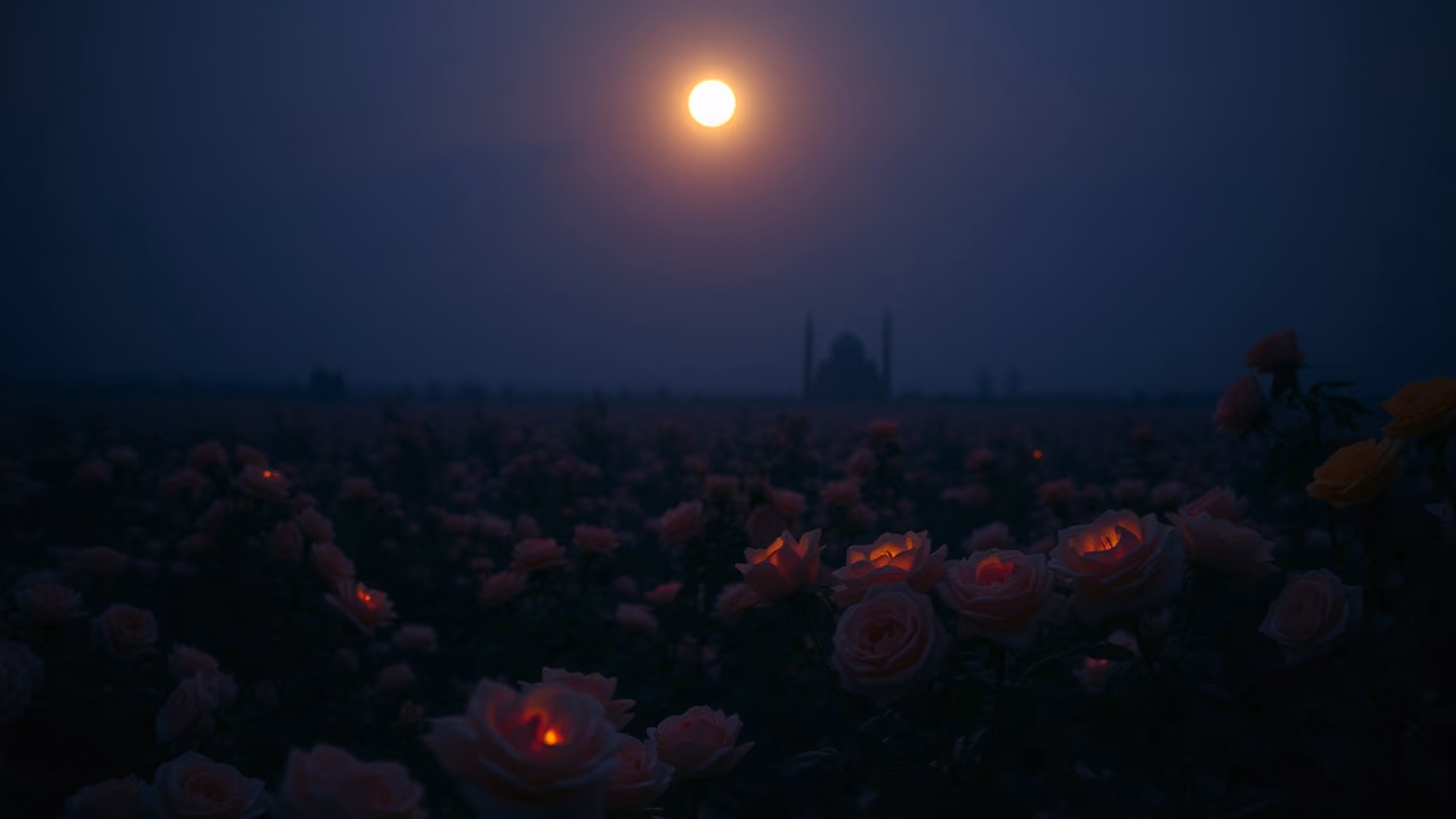 A vast, sprawling Persian rose garden at dusk, deep indigo sky, flowers glowing under the moonlight, sense of infinite space.