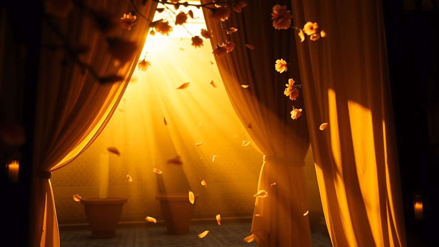 A gentle breeze stirring silk curtains in a courtyard, cherry blossom petals drifting through the air, cinematic golden light.