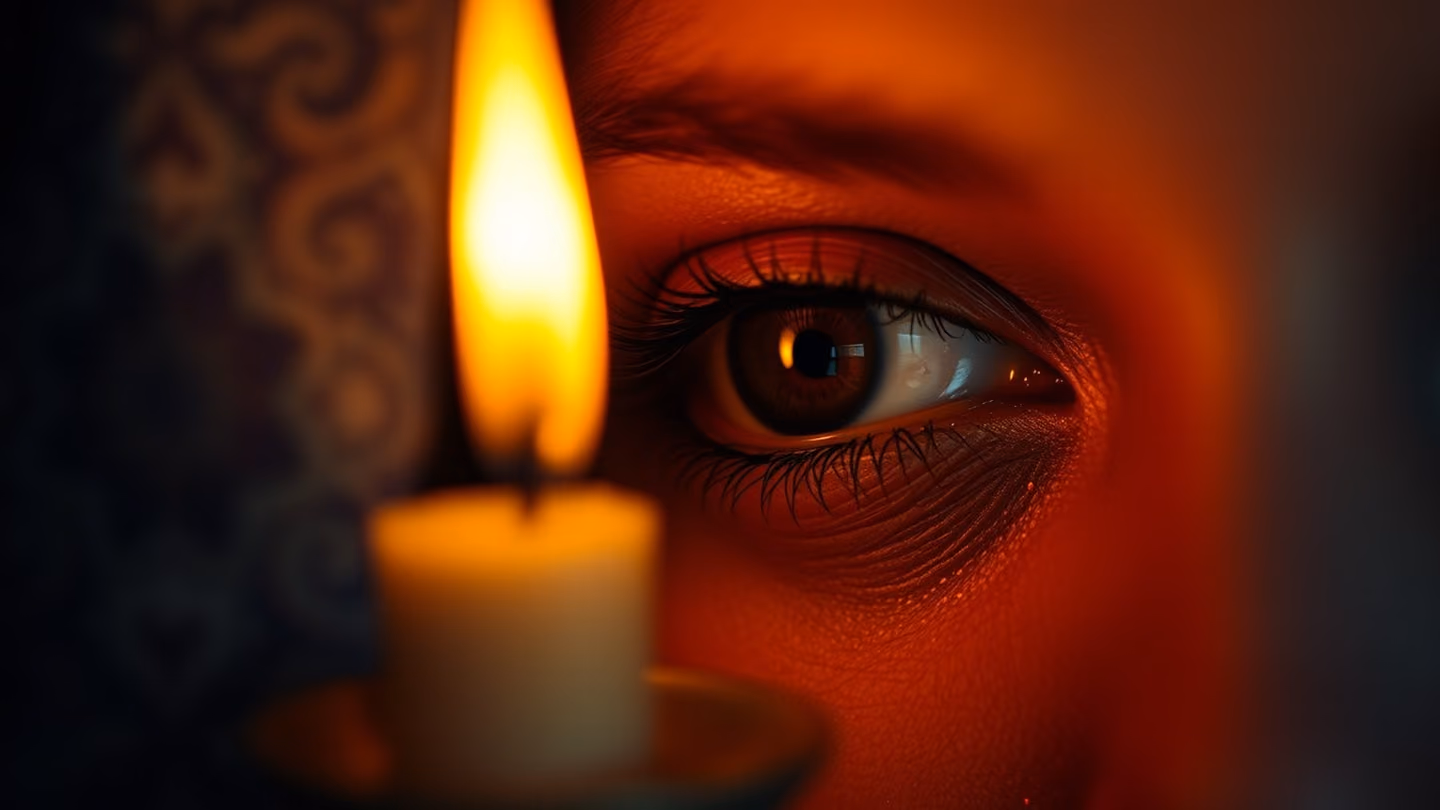 Close-up of a beloved's eyes, deep brown and expressive, with a faint reflection of a burning candle, soft painterly texture.