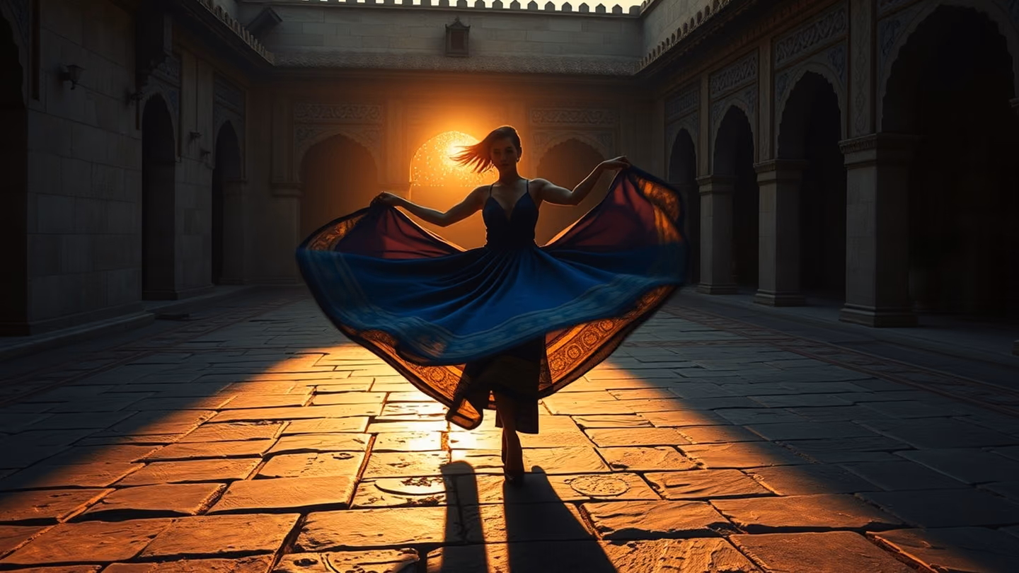 A dervish-like figure spinning slowly in a stone courtyard, dress swirling like clouds, sunset casting long dramatic shadows.