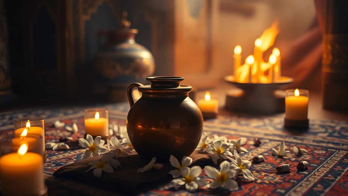 A traditional clay jar of wine resting on a patterned rug, surrounded by scattered jasmine flowers, warm flickering hearth fire lighting.