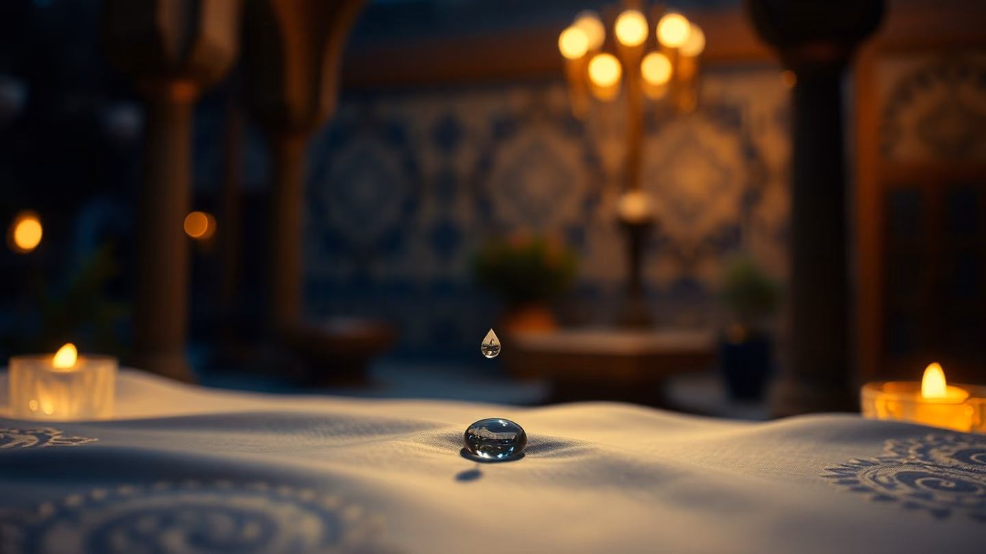 A single tear falling onto a silk cloth, catching the light like a crystal bead, soft blurred background of a night garden, melancholic beauty.